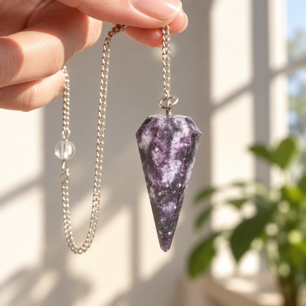 Pendolo in lepidolite tenuto per la catena