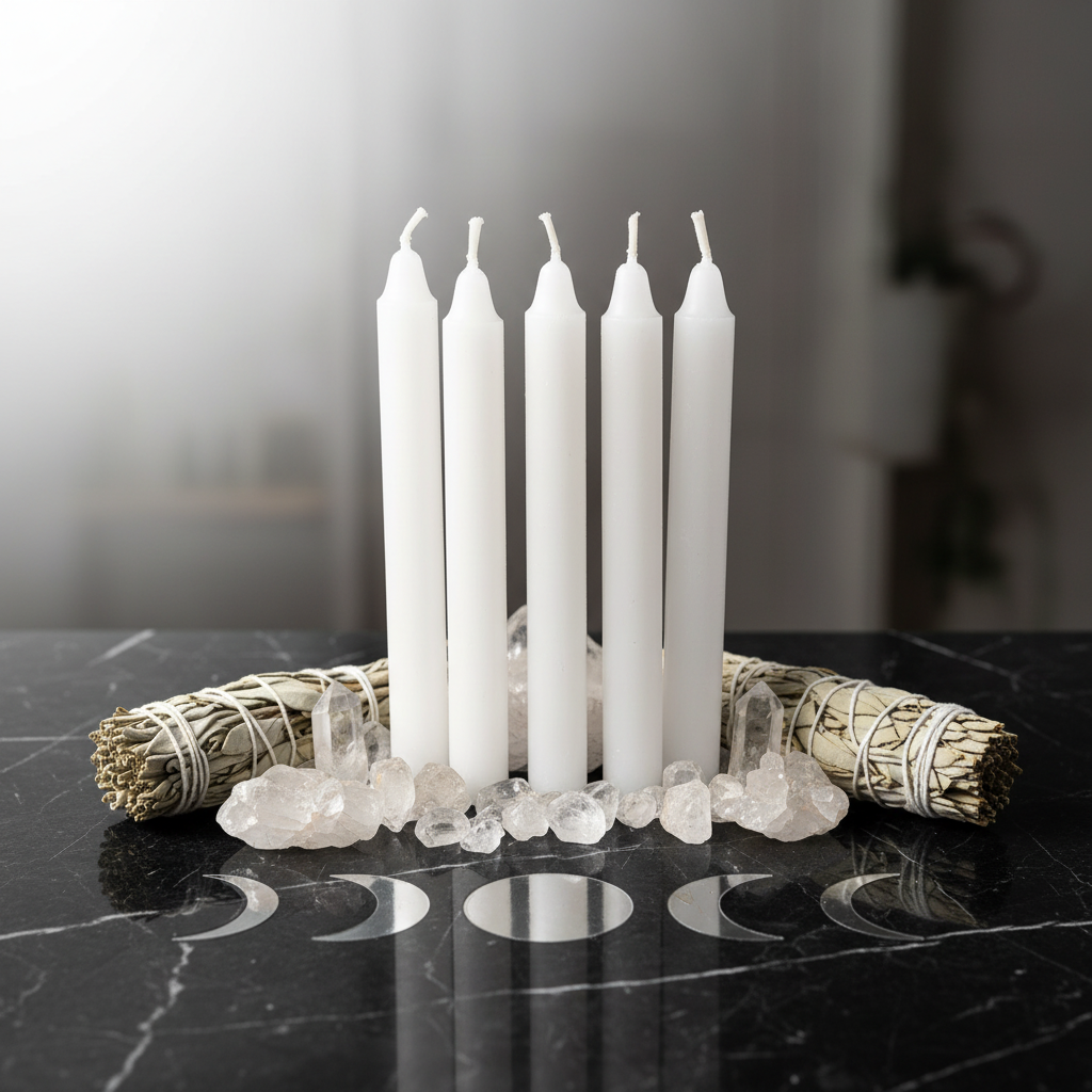 5 candele bianche per rituali su marmo nero con quarzo
