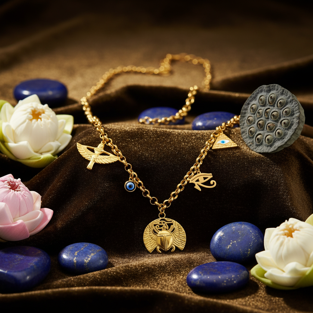 Collana Egizia - velluto oro e nero con lapislazzuli e loto