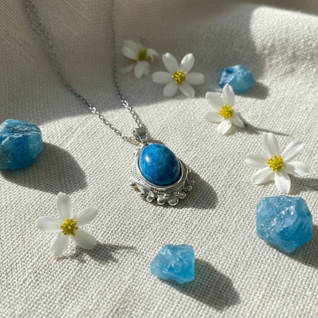 Collana apatite blu con fiori e cristalli