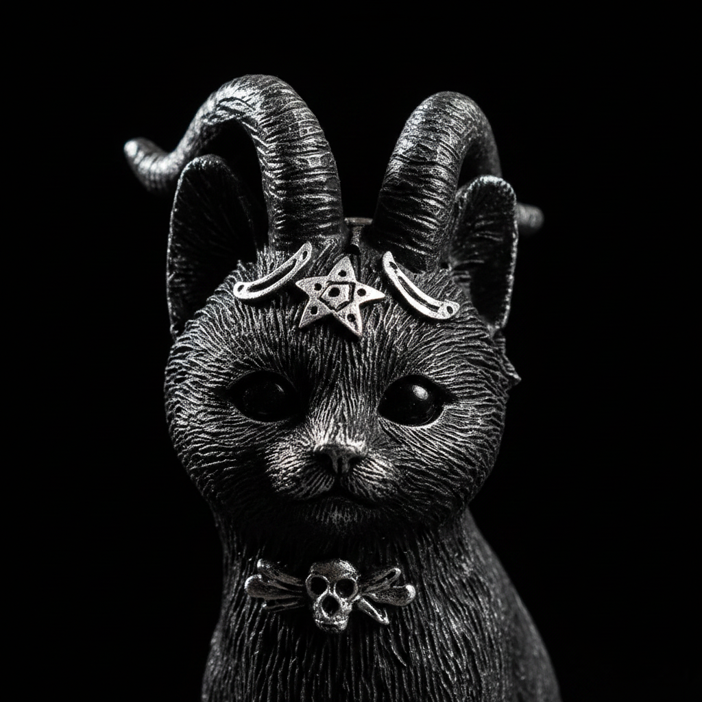 Statuina gatto Baphomet con corna - macro dettaglio