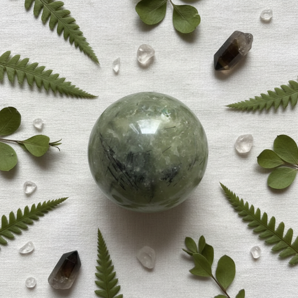 Sfera in Prehnite con Tormalina Nera con foglie su lino