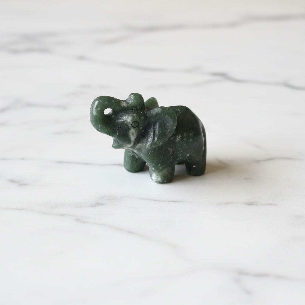 Elefante Xiuan giada verde - flatlay su marmo