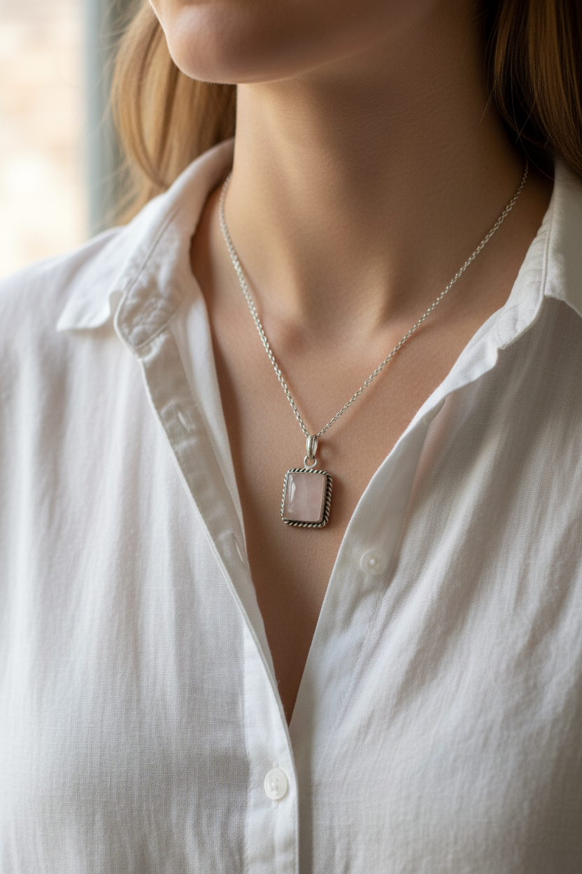 Collana con Ciondolo Vintage in Argento e Quarzo Rosa Naturale