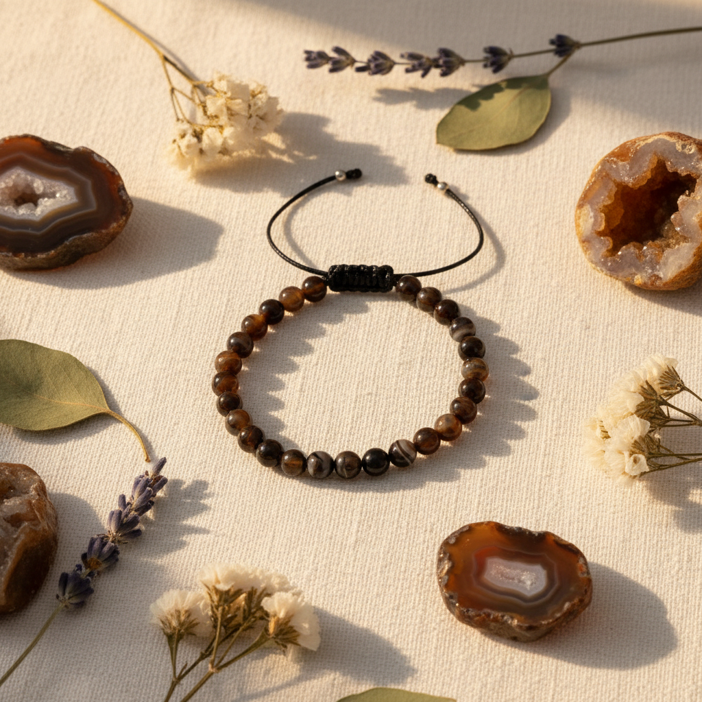 Bracciale agata bronzo con agata grezza e fiori