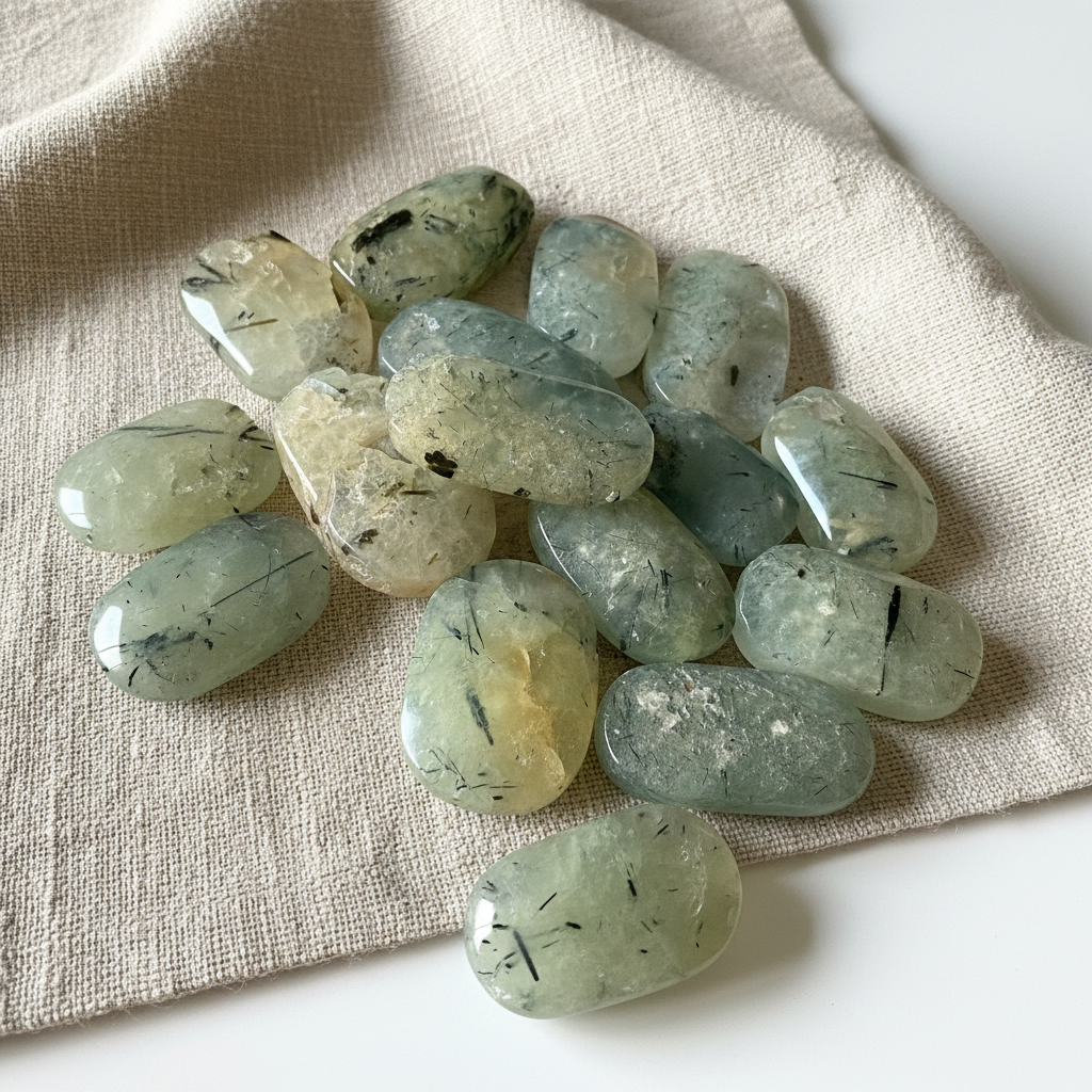 Palmstone prehnite con tormalina - lifestyle su lino