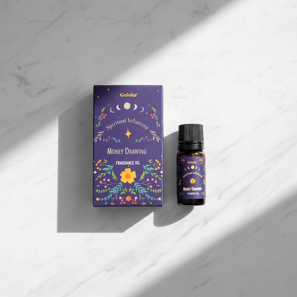 Olio fragranza Goloka Money Drawing - flatlay su marmo