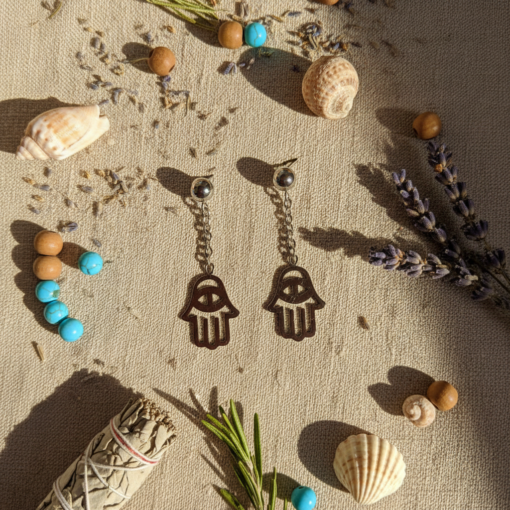 Orecchini Mano di Fatima flat lay lino beige