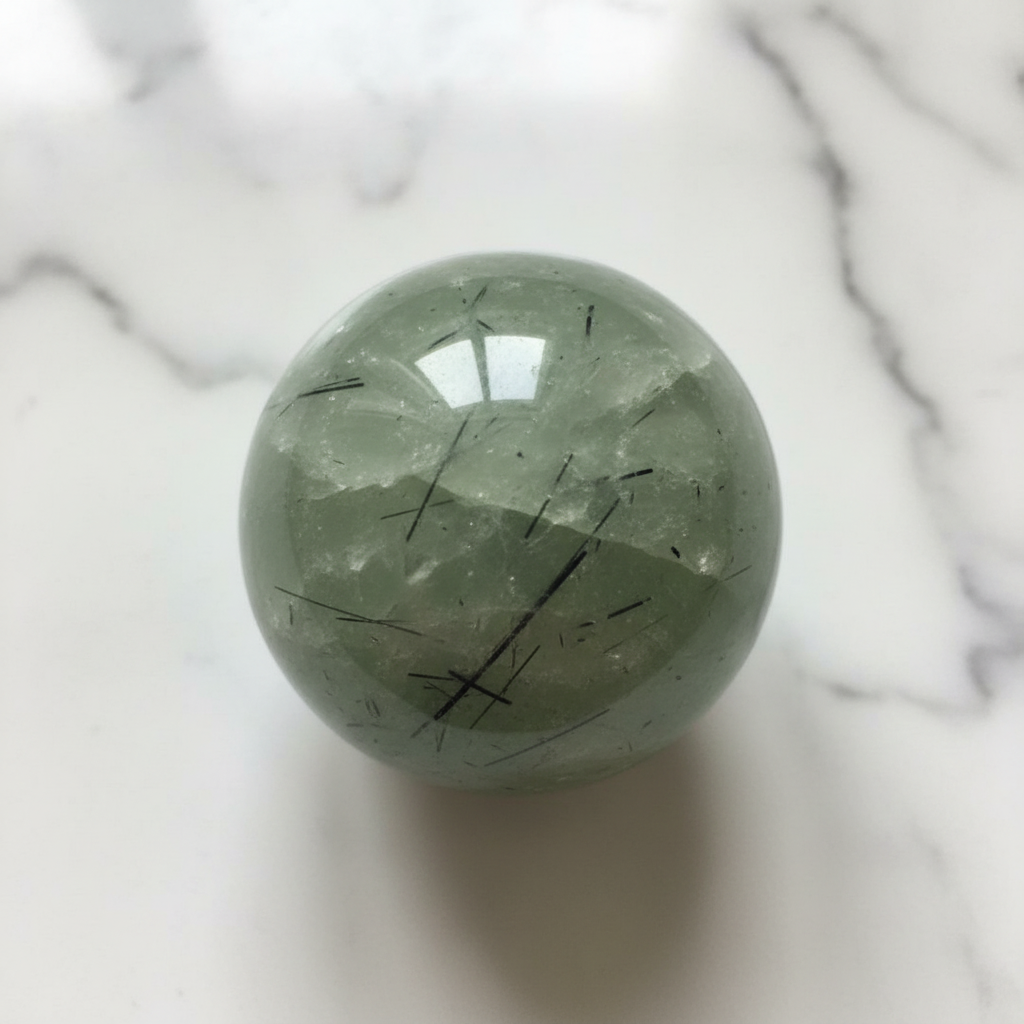 Sfera in Prehnite con Tormalina Nera su marmo bianco
