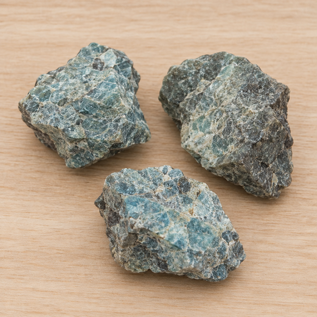 Campioni di apatite grezza su legno