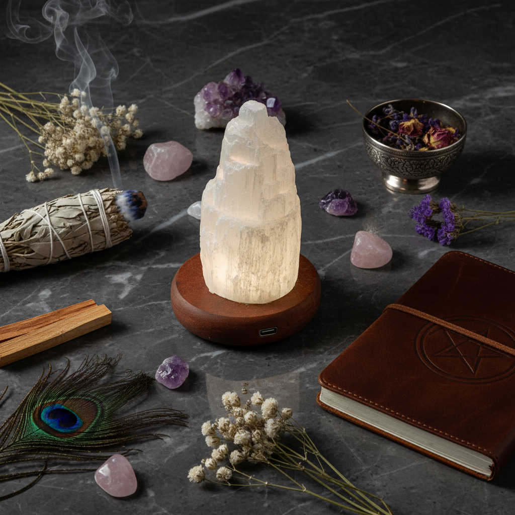 Lampada selenite cattedrale - flat lay con cristalli