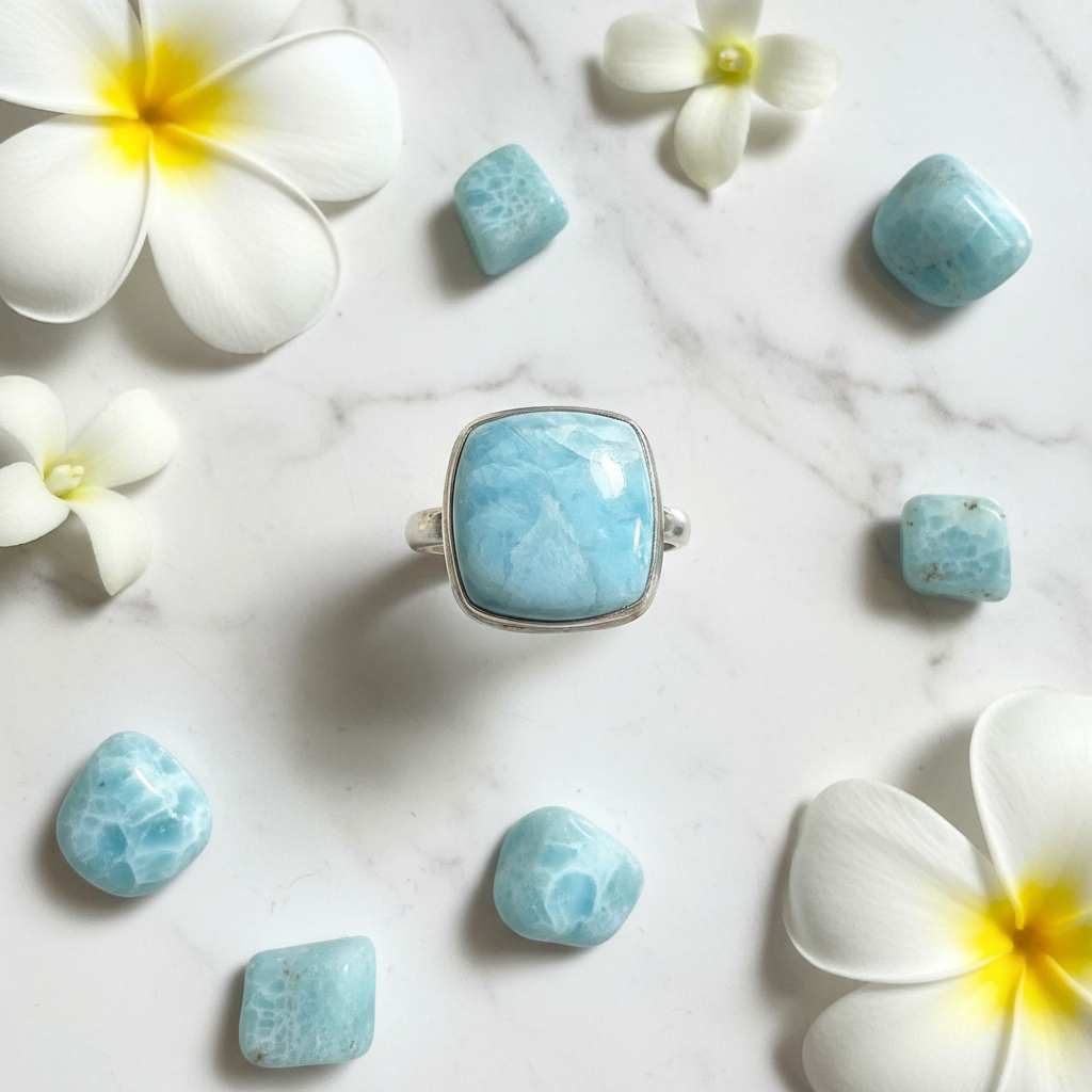 Anello Statement in Argento con Larimar Naturale Quadrato - flat lay marmo