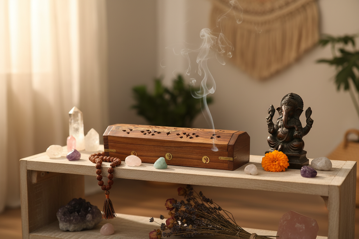 Porta incenso cofanetto Om - lifestyle mensola Ganesh cristalli