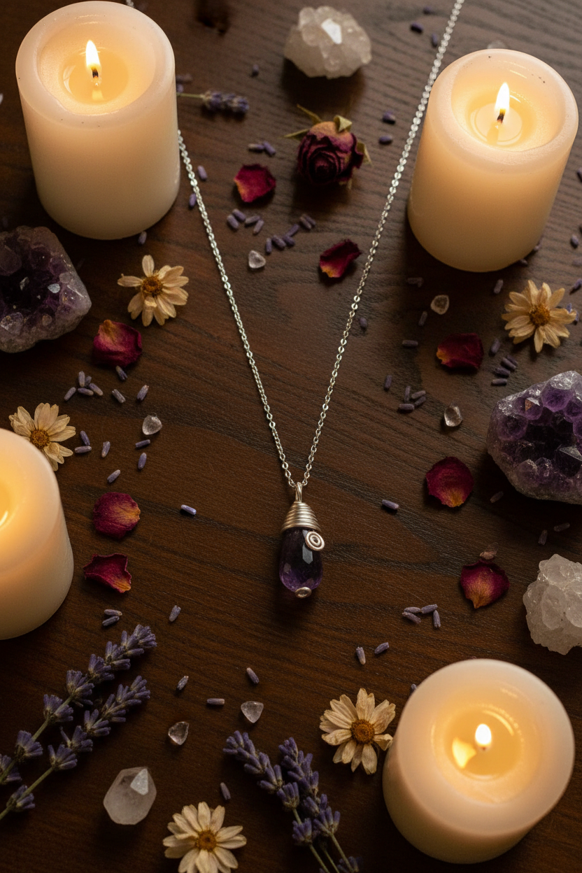 Collana ametista sfaccettata - rituale fiori e candele
