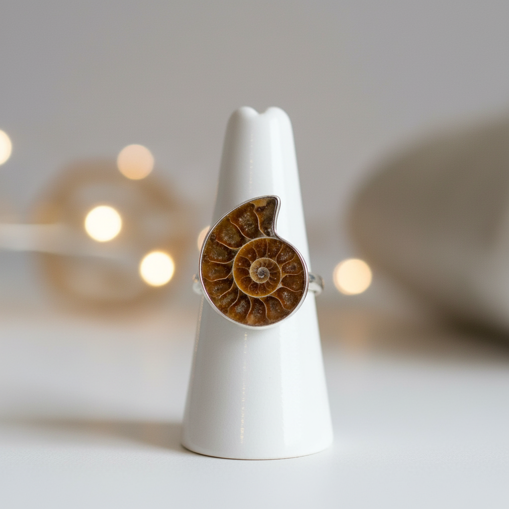 Anello ammonite su porta-anello in ceramica