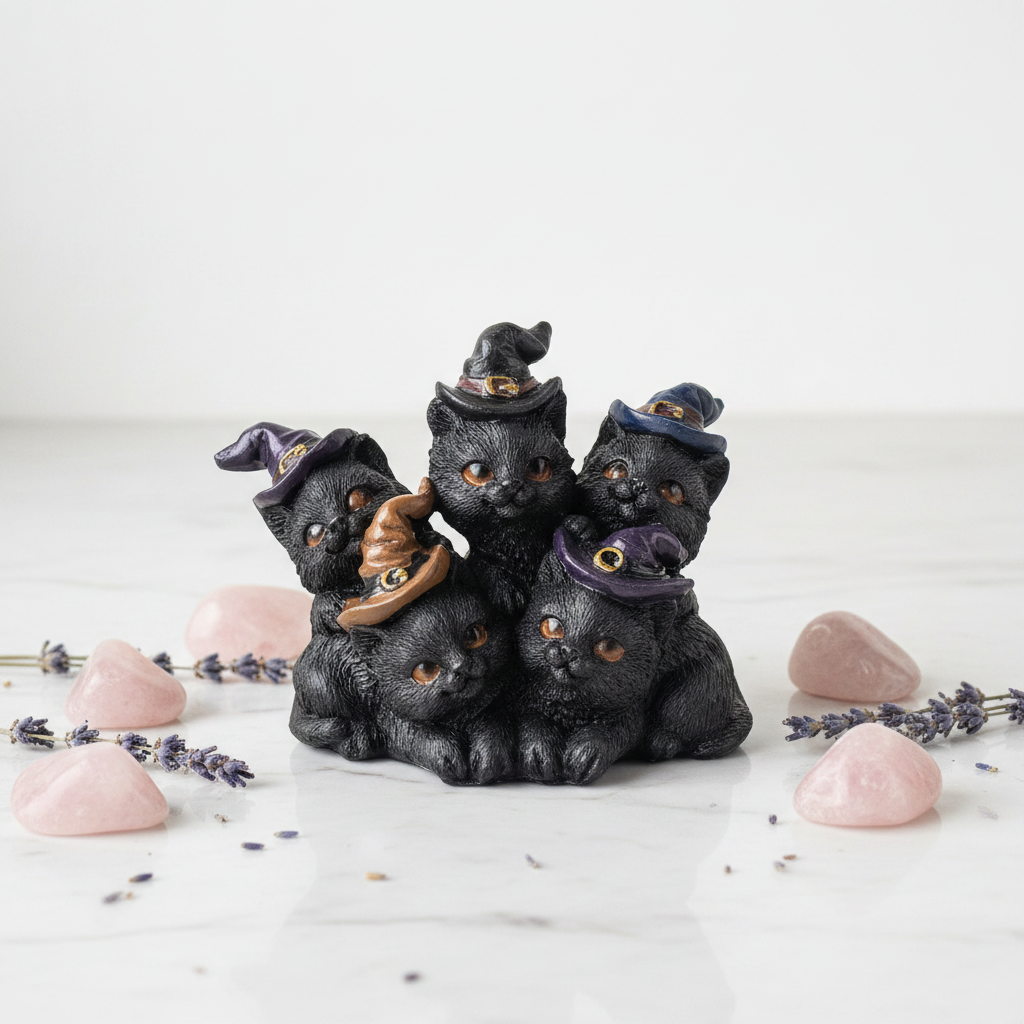 Statuina famiglia di gatti Wicca su marmo bianco con quarzo rosa e lavanda