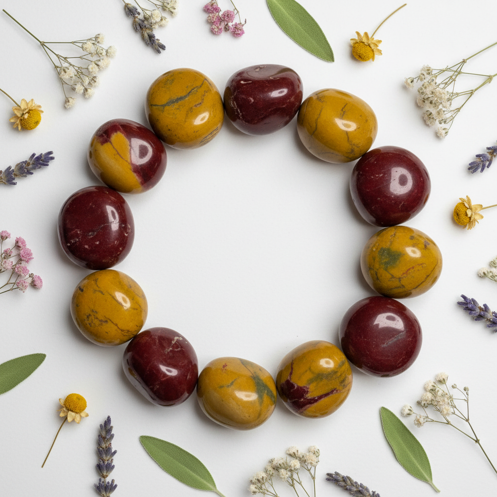 Mookaite jasper con fiori secchi e salvia