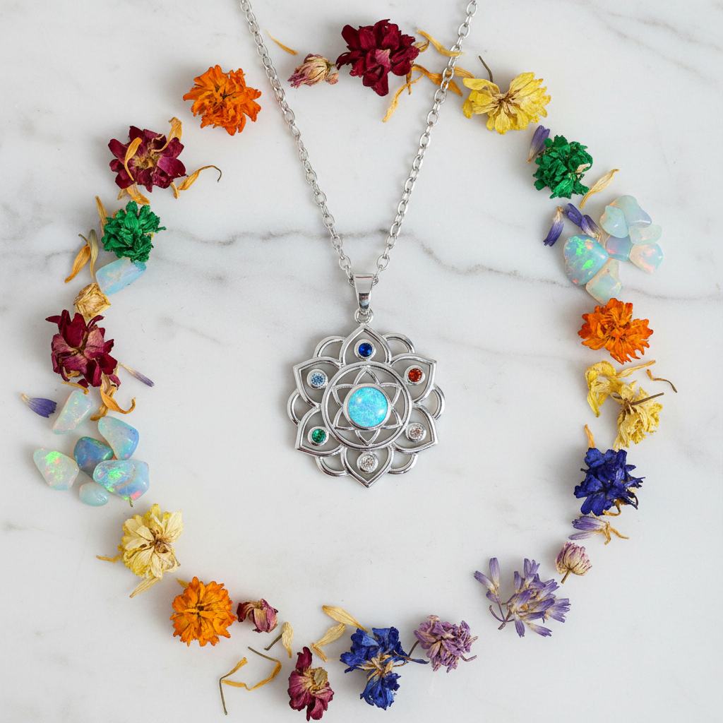 Collana 7 Chakra in Argento con Opale Etiope - flat lay marmo