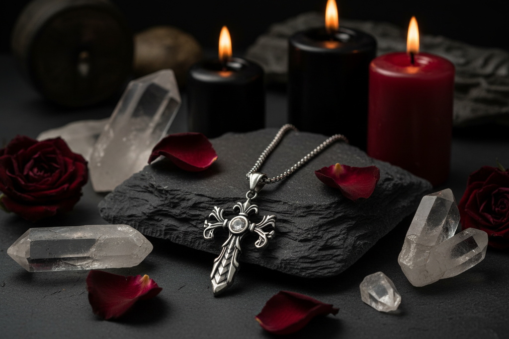 Collana Croce Gotica con cristalli e candele - lifestyle esoterico