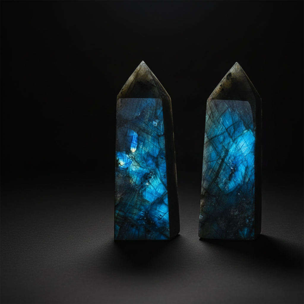 Torri di labradorite con flash blu iridescente su sfondo nero opaco