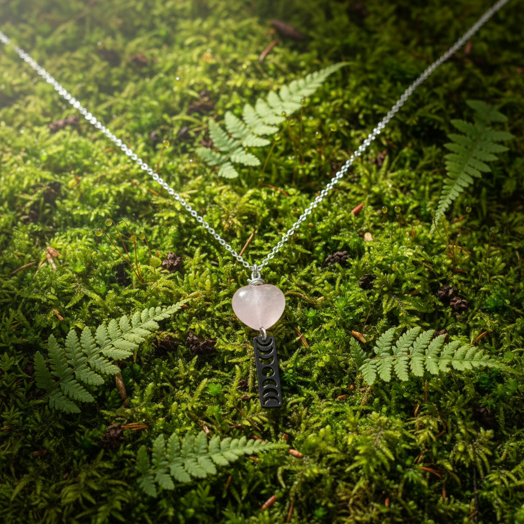 Collana Quarzo Rosa Cuore e Fasi Lunari - sfondo bosco