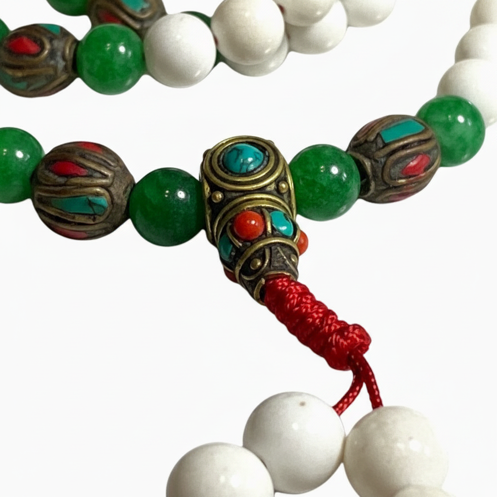 Mala pasta di conchiglia tibetana macro close-up guru bead