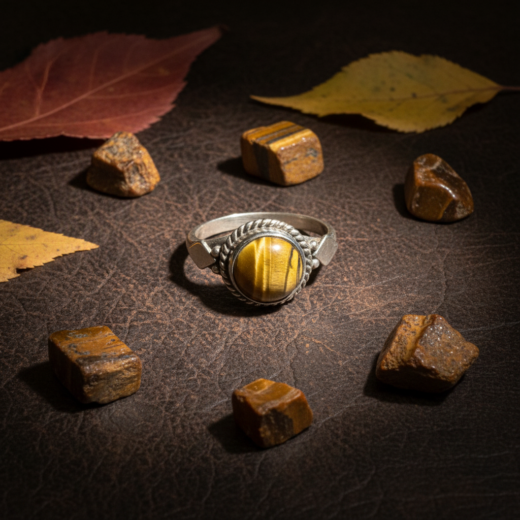 Anello Vintage in Argento con Occhio di Tigre Naturale - flat lay pelle scura