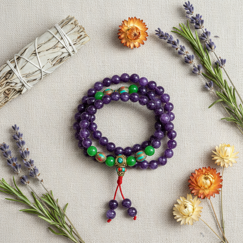 Mala tibetano ametista - composizione fiori secchi e salvia
