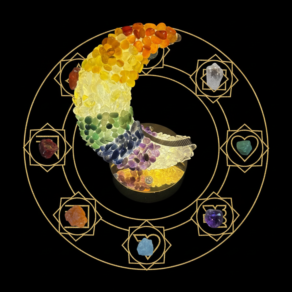 Luna 7 Chakra - flatlay nero con simboli chakra e cristalli