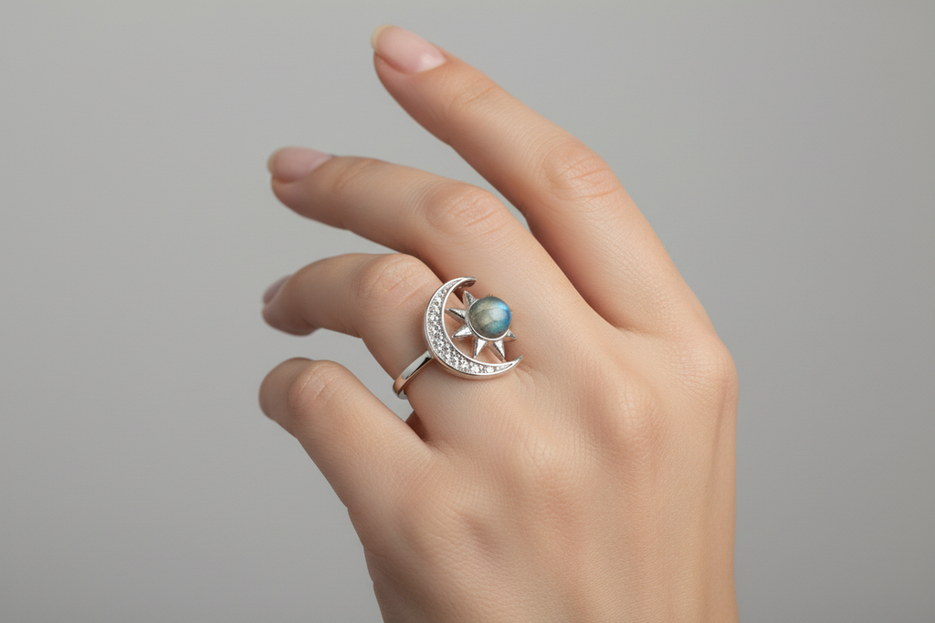 Anello sole e luna labradorite indossato