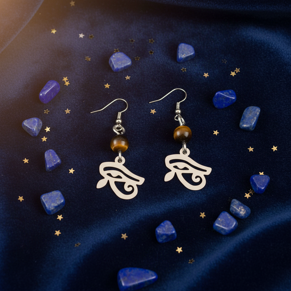 Orecchini Occhio di Horus flat lay velluto blu con lapislazzuli