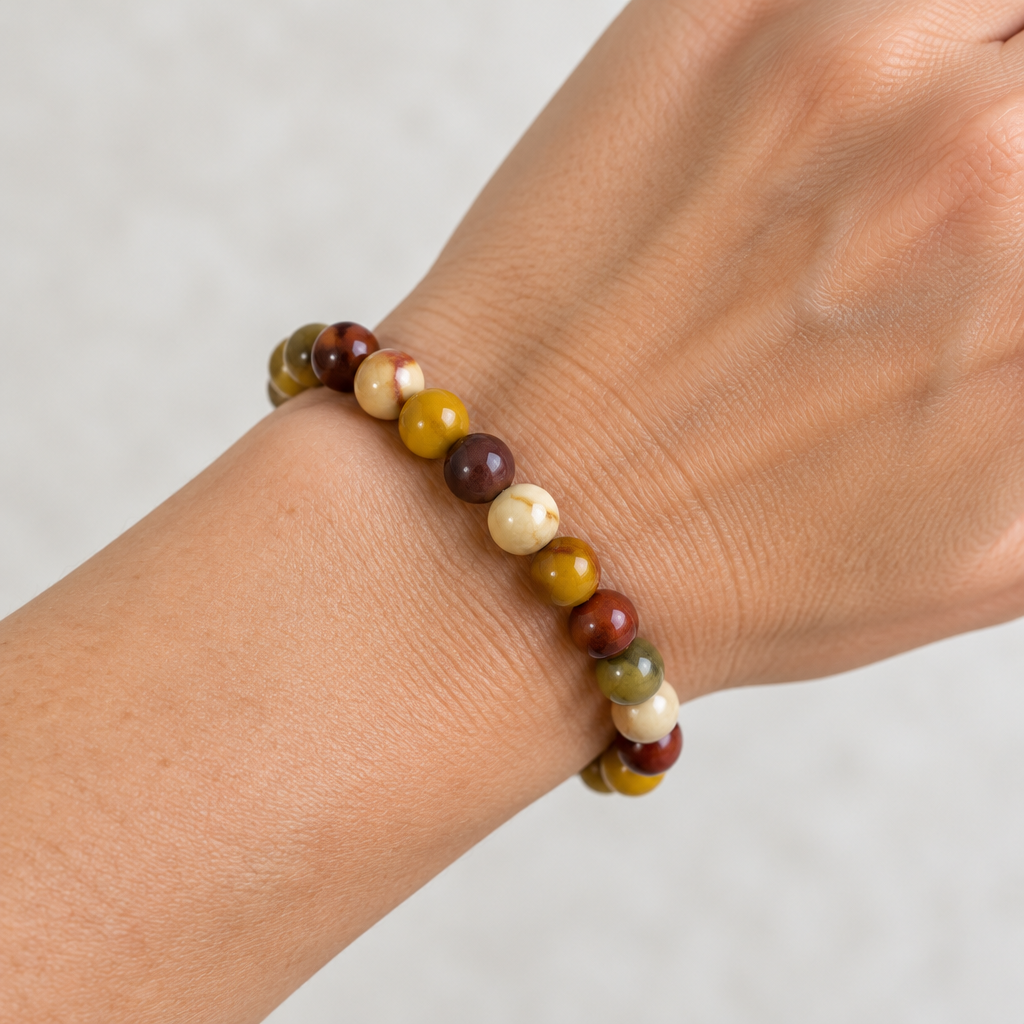Bracciale in mookaite con perle da 8 mm indossato al polso