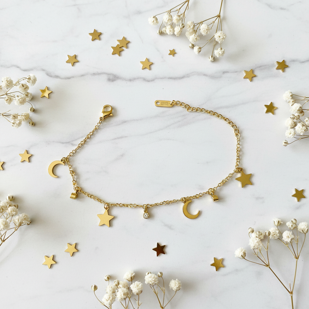 Bracciale Luna e Stelle flat lay marmo con stelle dorate e fiori