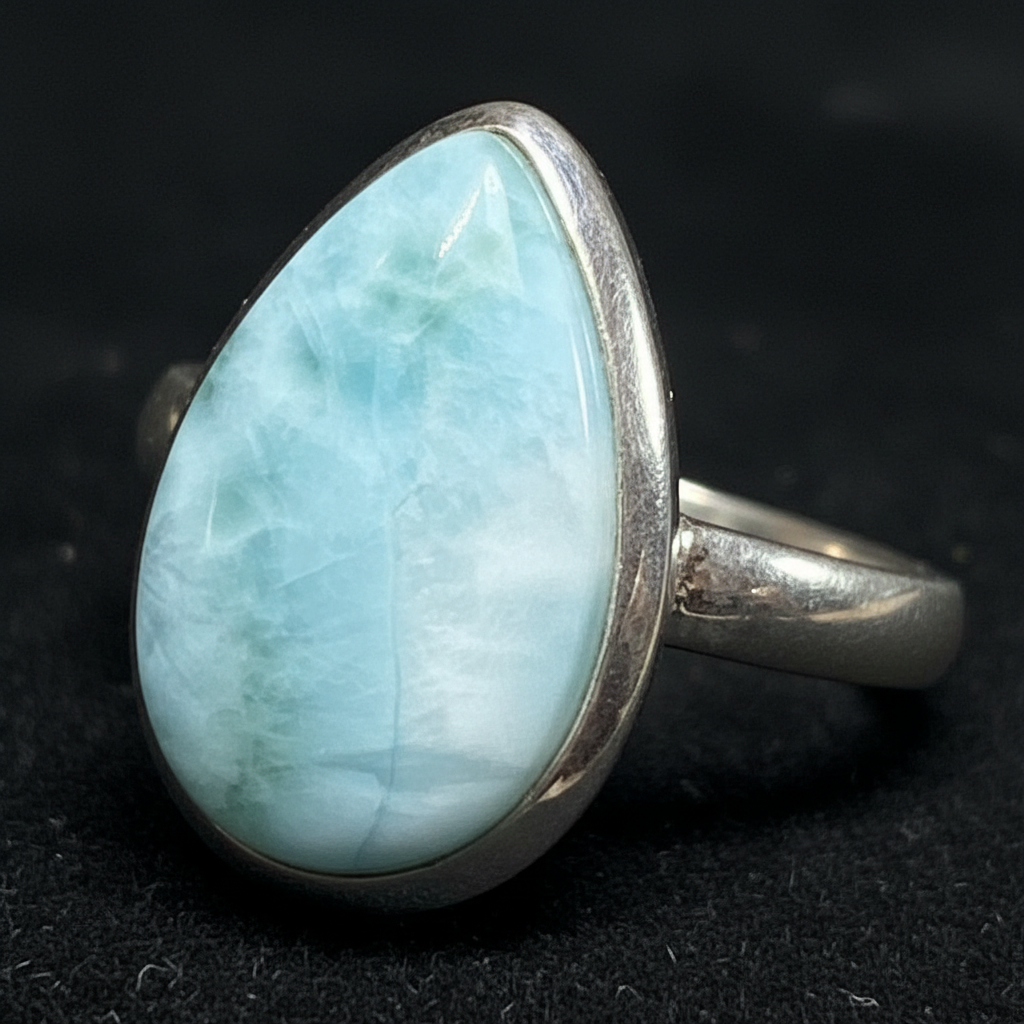 Anello Statement in Argento con Larimar Naturale - close-up larimar