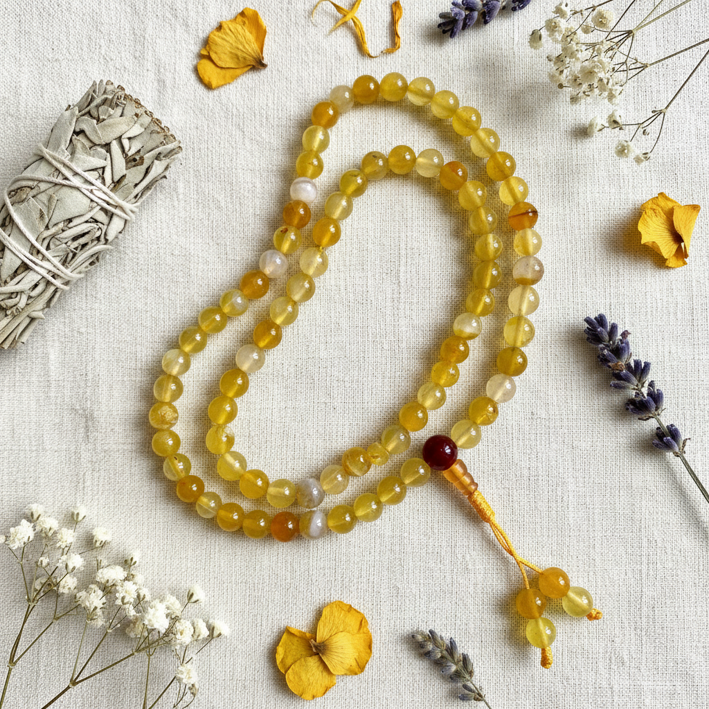 Mala tibetano agata gialla - composizione fiori secchi e salvia