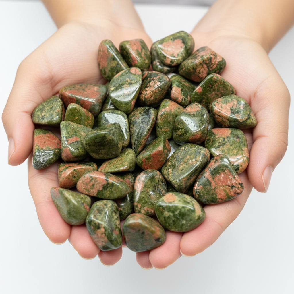 Unakite burattata - mano con le pietre