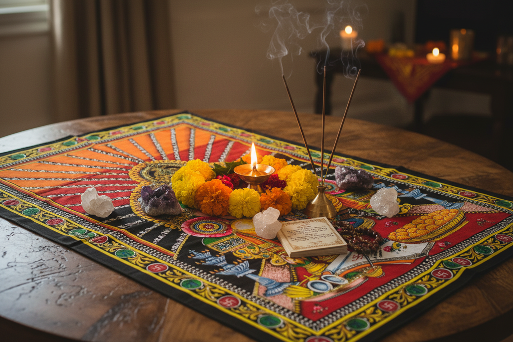 Telo Ganesha come copritavolo altare con offerte rituali