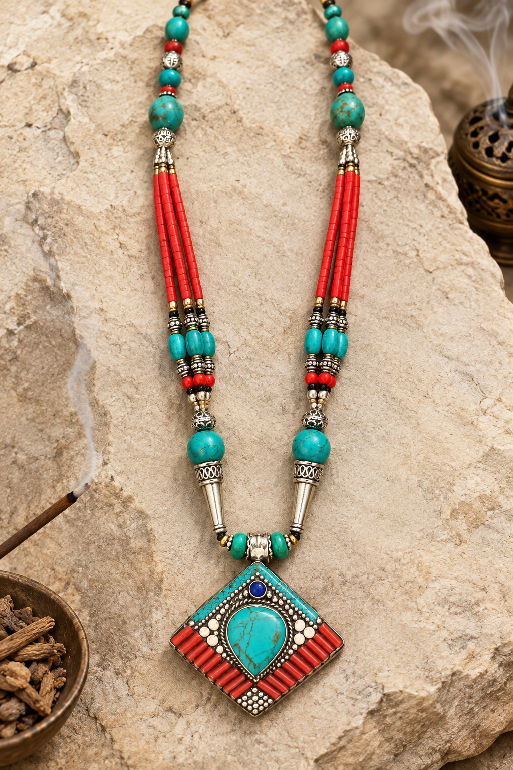 Collana Khampa tibetana in ambientazione chiara