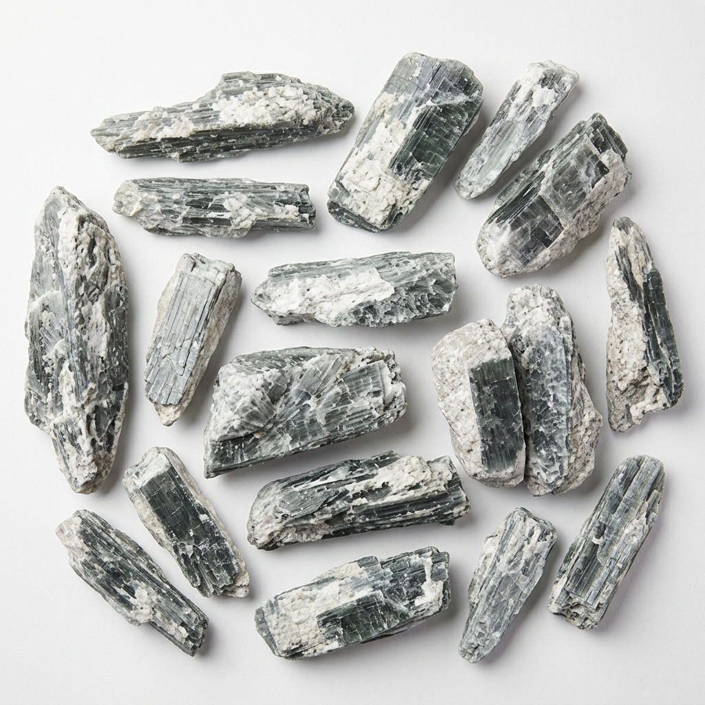 Cianite verde grezza su fondo bianco