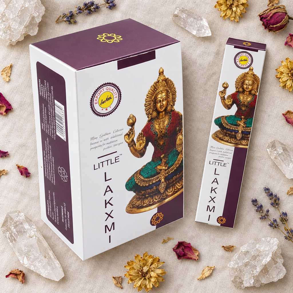 Incenso Lakshmi su lino con cristalli e fiori secchi