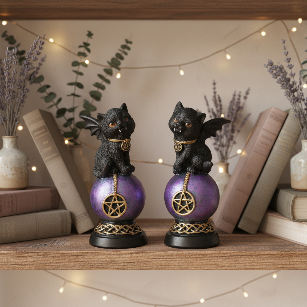 Gatto Wicca sulla sfera con pentacolo su scaffale lifestyle con libri e luci