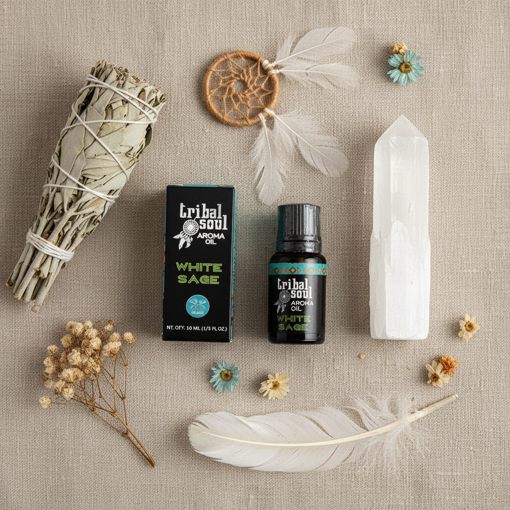 Olio aromatico Tribal Soul White Sage - composizione nativa su lino con dreamcatcher e piume
