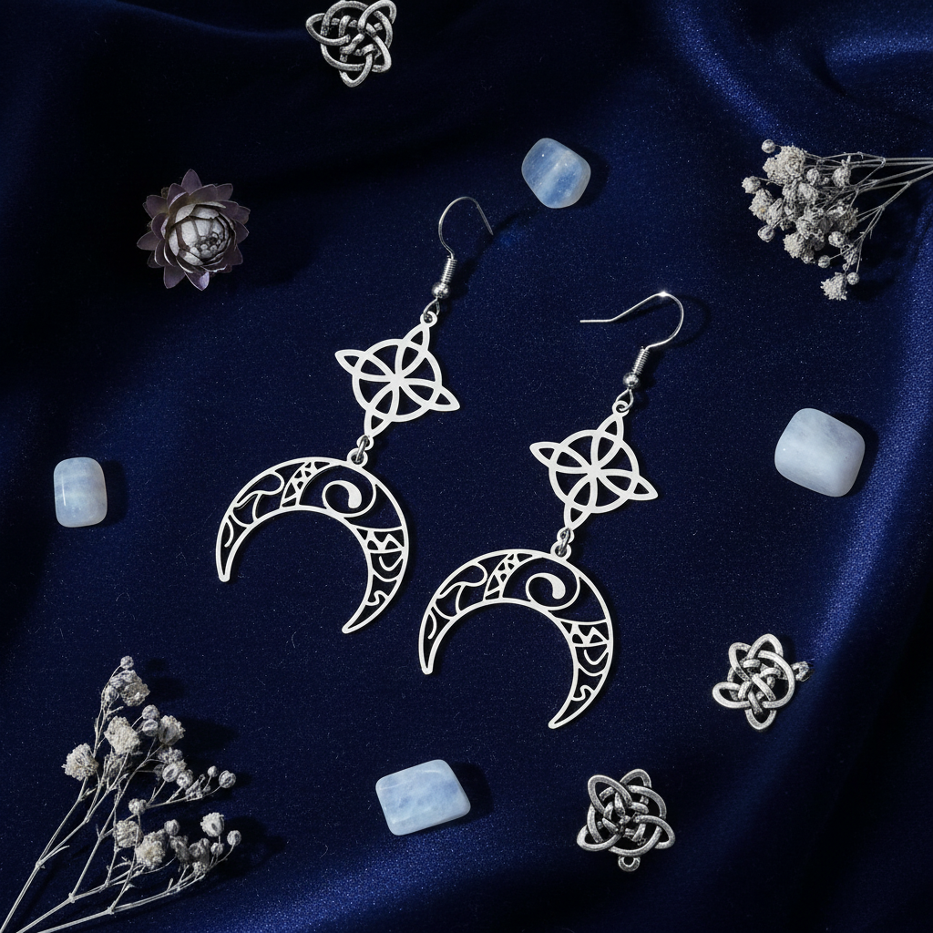 Orecchini Nodo della Strega flat lay velluto blu notte