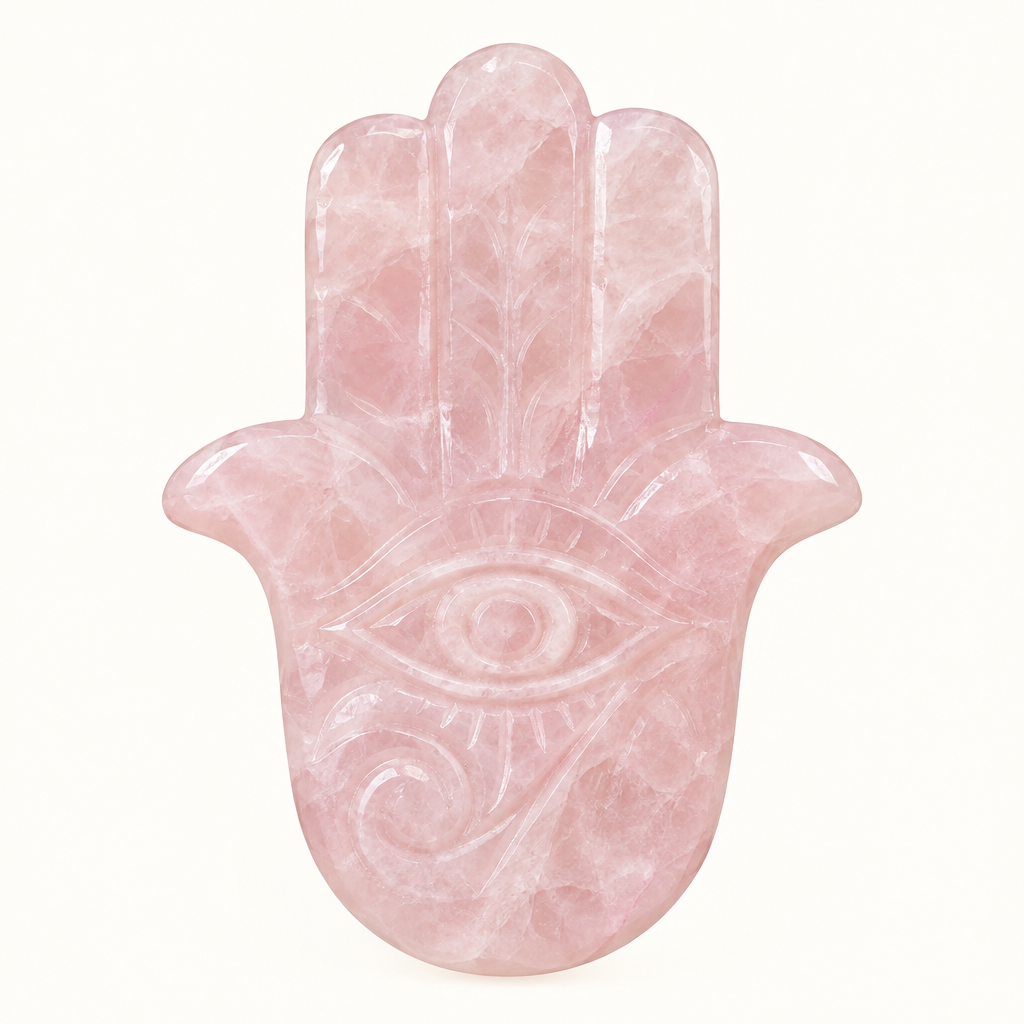 Mano di Fatima in quarzo rosa con occhio centrale