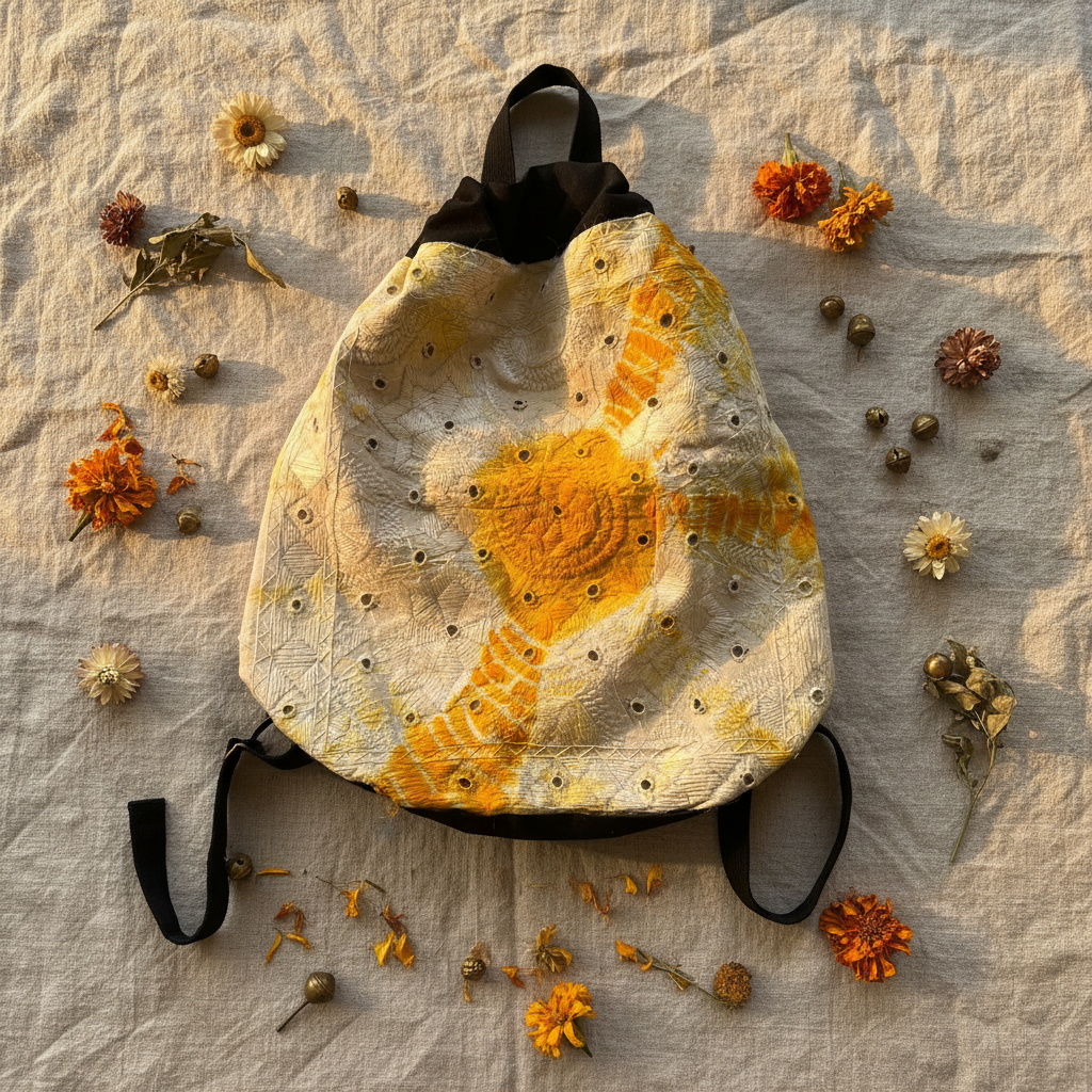 Zaino cotone indiano su lino con petali e ottone