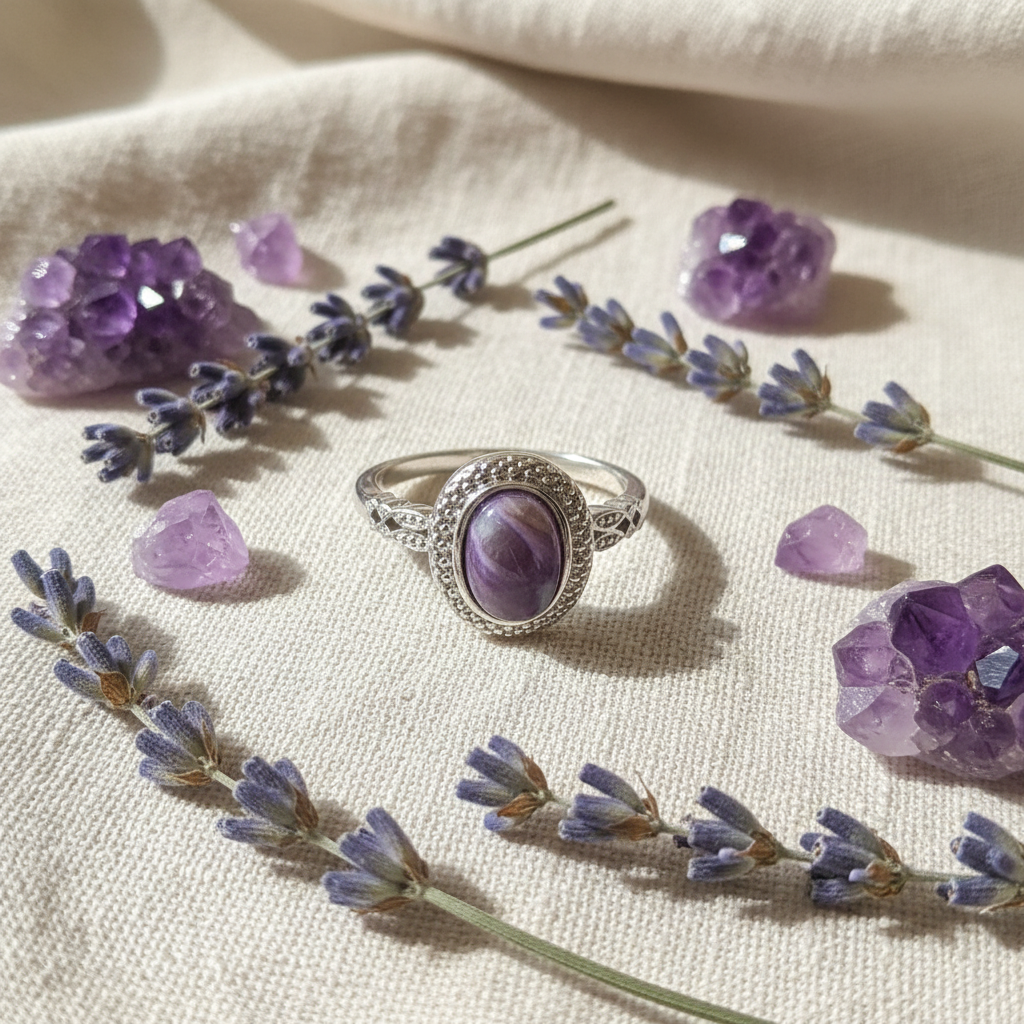 Anello charoite composizione fiori viola