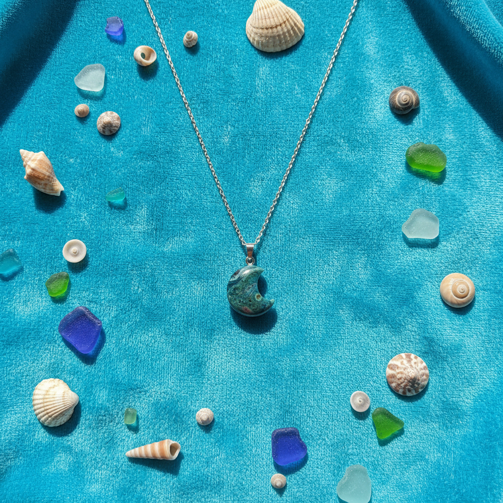 Collana Luna Diaspro Oceano flat lay velluto turchese con conchiglie