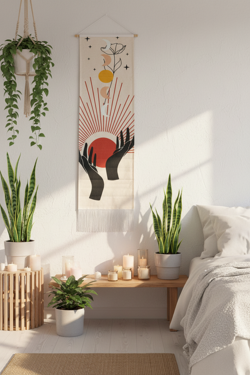 Arazzo mani e sole - appeso camera da letto boho