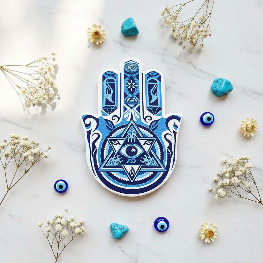 Decorazione Hamsa flat lay marmo con turchese e fiori