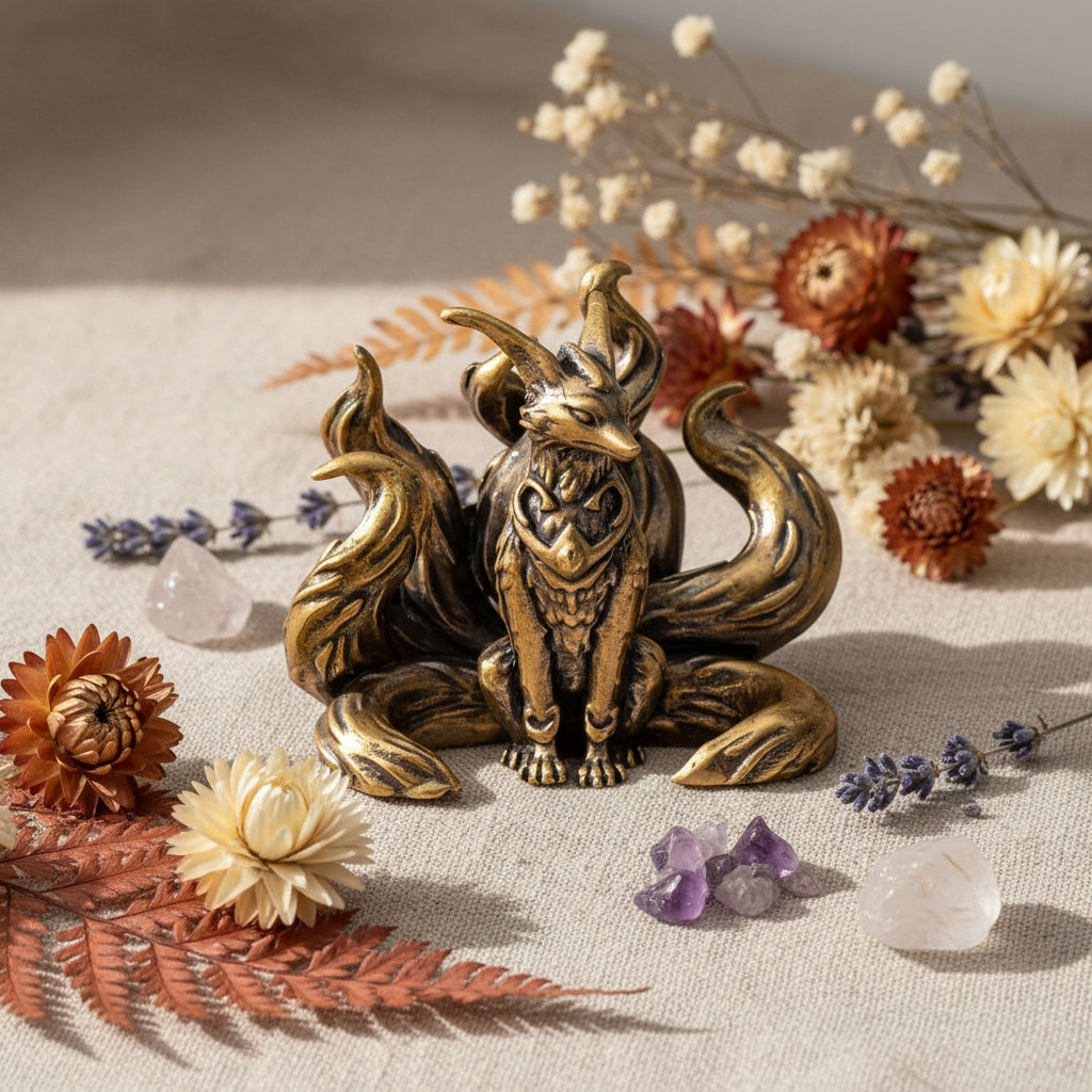 Kitsune ottone - fiori e cristalli su lino